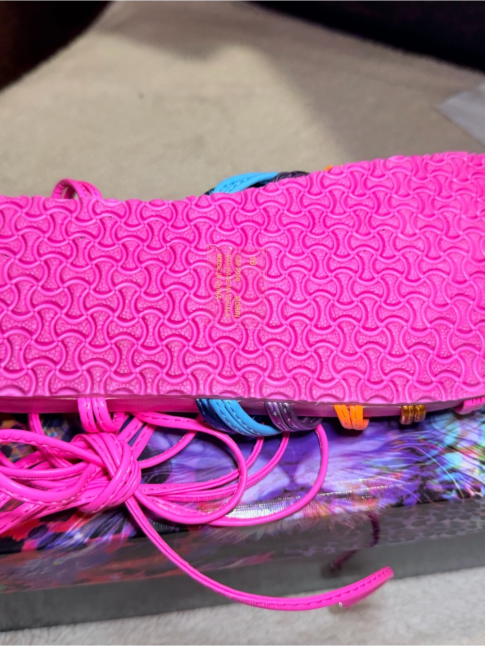 930. NIB Cape Robbin Neon Pink Multicolor Lace-Up Flat Sandals - Picture 7 of 9